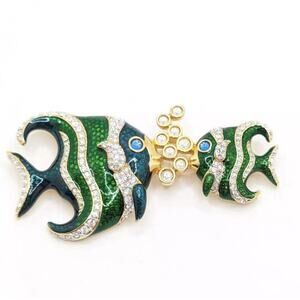 Vintage Swarovski Crystal Tropical Fish Double Brooch Pin Blue Enamel Bubbles